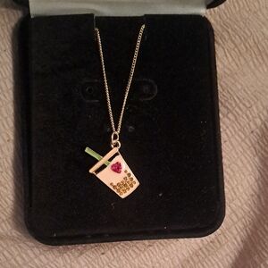 Gold-Tone Bubble Tea Pendant Necklace with Pink Heart Accent
